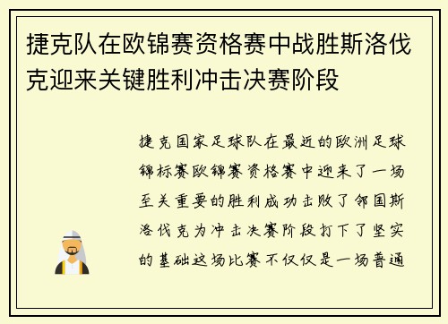 捷克队在欧锦赛资格赛中战胜斯洛伐克迎来关键胜利冲击决赛阶段