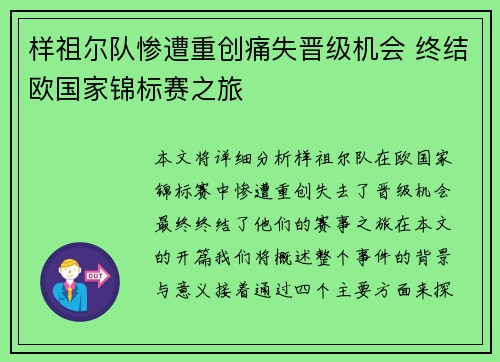 样祖尔队惨遭重创痛失晋级机会 终结欧国家锦标赛之旅