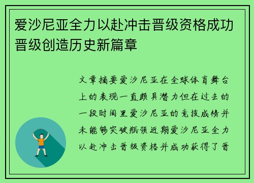 爱沙尼亚全力以赴冲击晋级资格成功晋级创造历史新篇章
