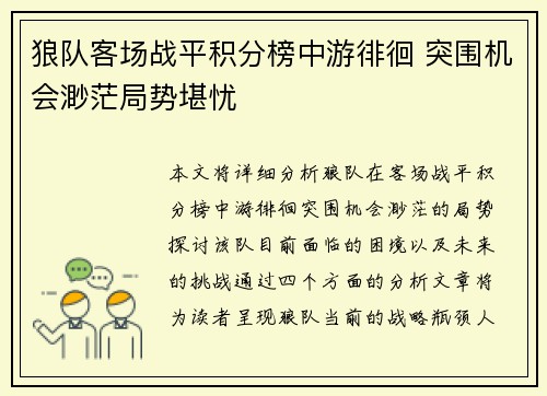 狼队客场战平积分榜中游徘徊 突围机会渺茫局势堪忧