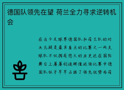 德国队领先在望 荷兰全力寻求逆转机会
