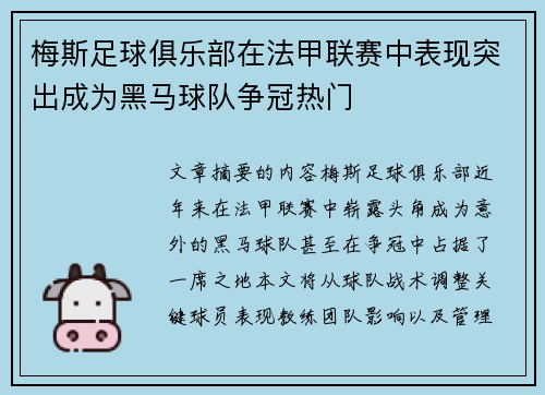 梅斯足球俱乐部在法甲联赛中表现突出成为黑马球队争冠热门